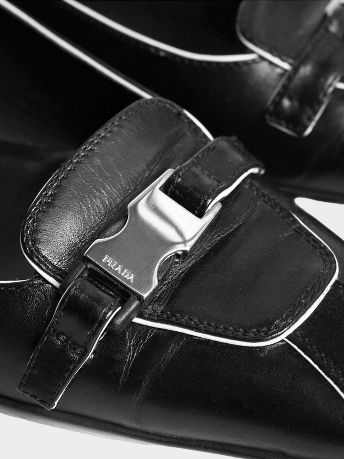 Prada Late 1990s Black Leather Buckle Heeled Mules