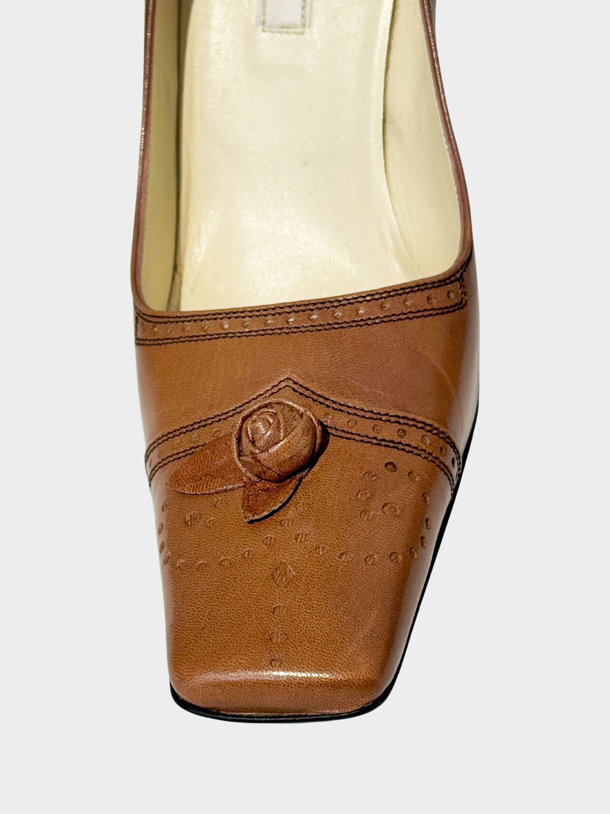 Prada 1990s Brown Leather Rose-detail Square-toe Heels