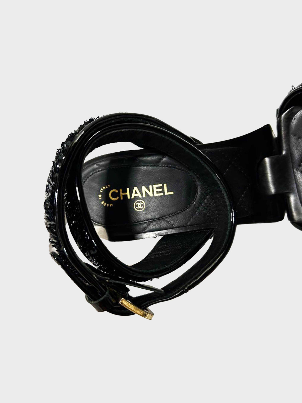 Chanel Cruise 2016 Black Patent Leather and Sequins Lotus Wedge Sandals