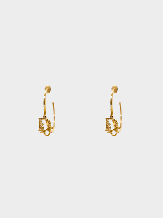 Christian Dior 2010s Gold Dior Rhinestone Logo Hoop Earrings