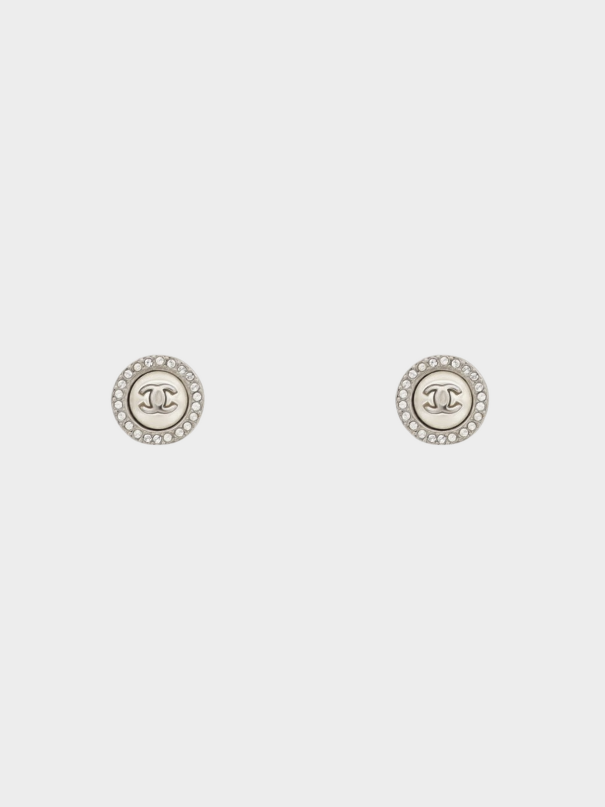 Chanel 2000s Silver CC Round Rhinestone Clip-on Earrings