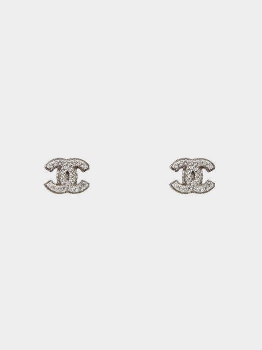 Chanel 2000s Silver Rhinestone CC Stud Earrings