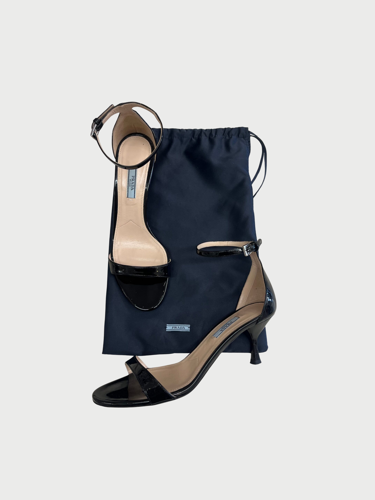 Prada 2000s Black Patent Leather Kitten Heel Sandals