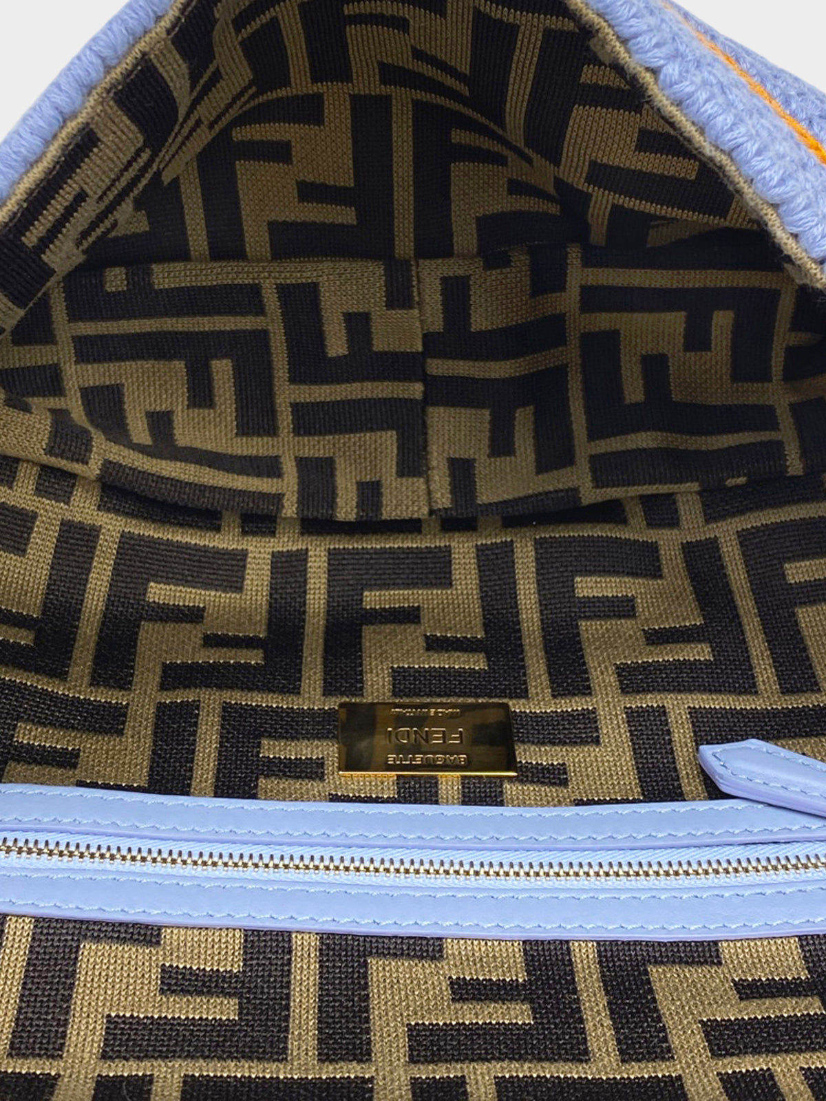 Fendi 2021 Light Blue Wool Knit Floral Embroidered Baguette Bag