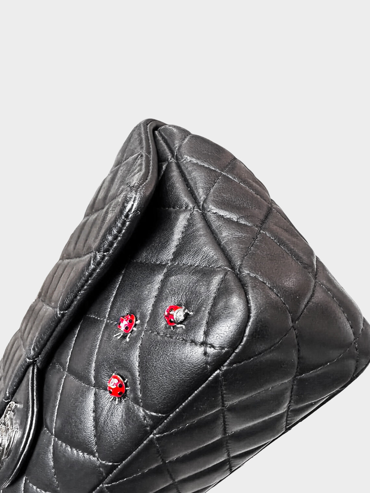 Chanel 2011 Black Lambskin Ladybug Medium Classic Single Flap Bag