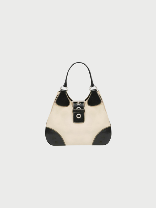 Prada 2000s Beige Black Triangle Logo Canvas Leather Handbag
