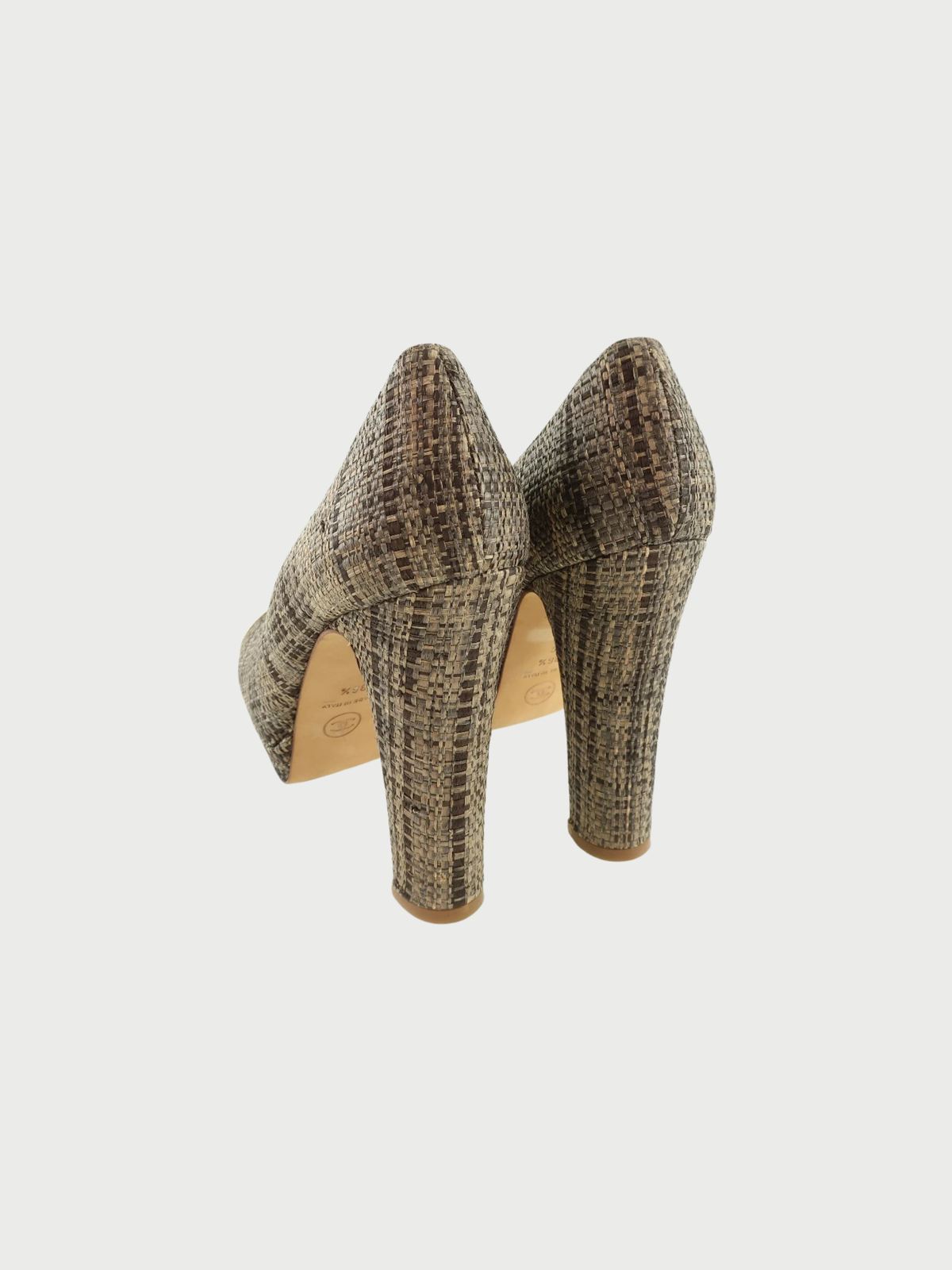 Chanel 2000s Gold Brown Patent Leather Jute High Heel Pumps