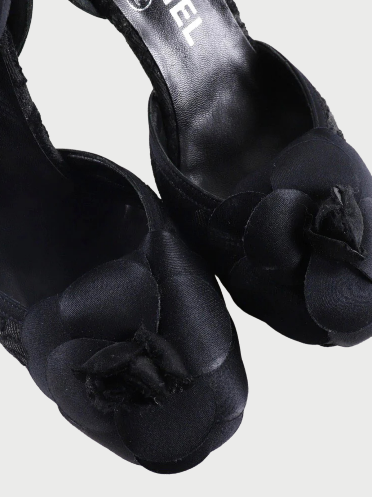 Chanel 2000s Black Satin Camellia Ankle Strap Sandals