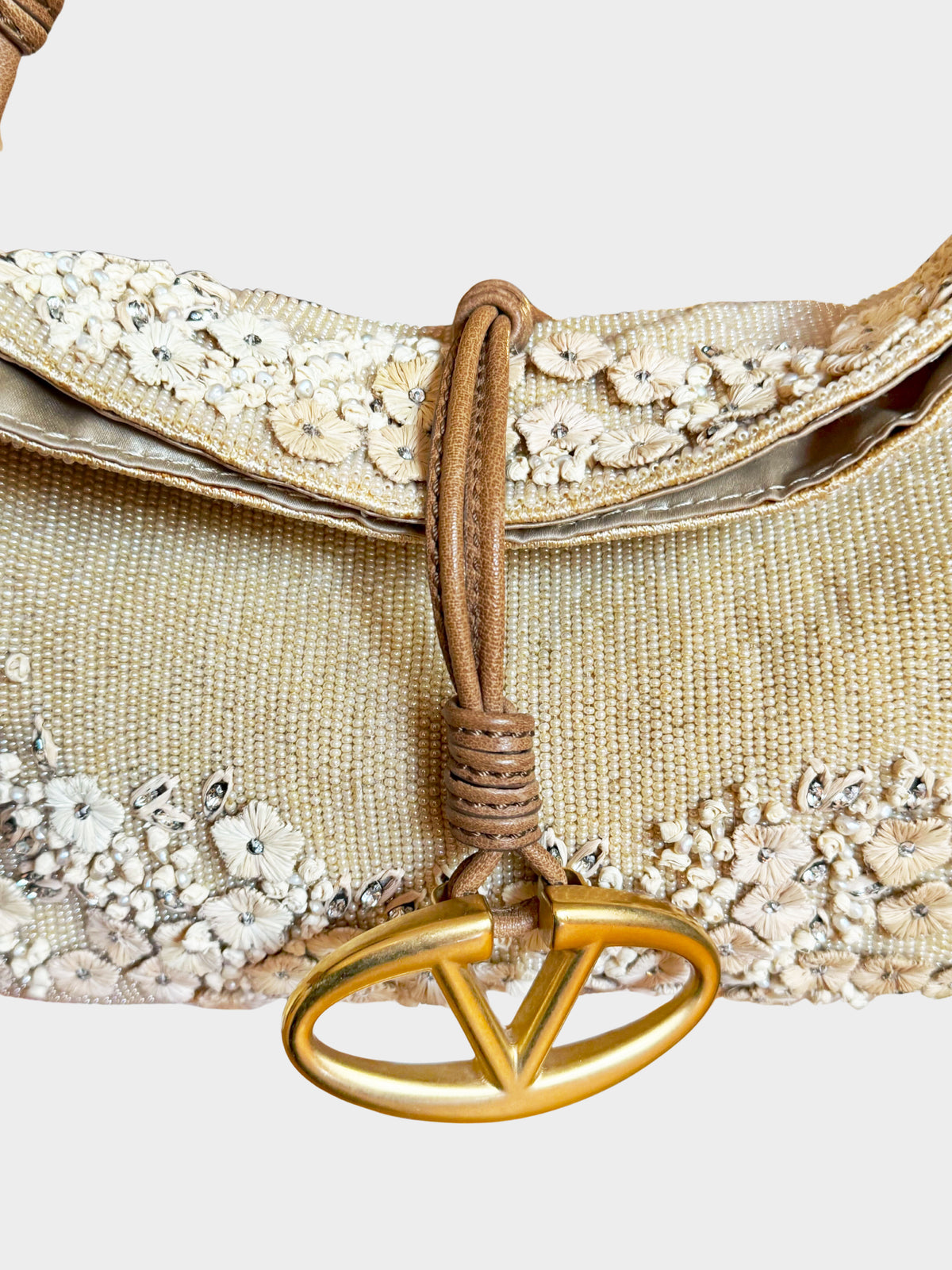 Valentino 2000s Beige Floral Beaded and Embroidered Satin Evening Shoulder Bag