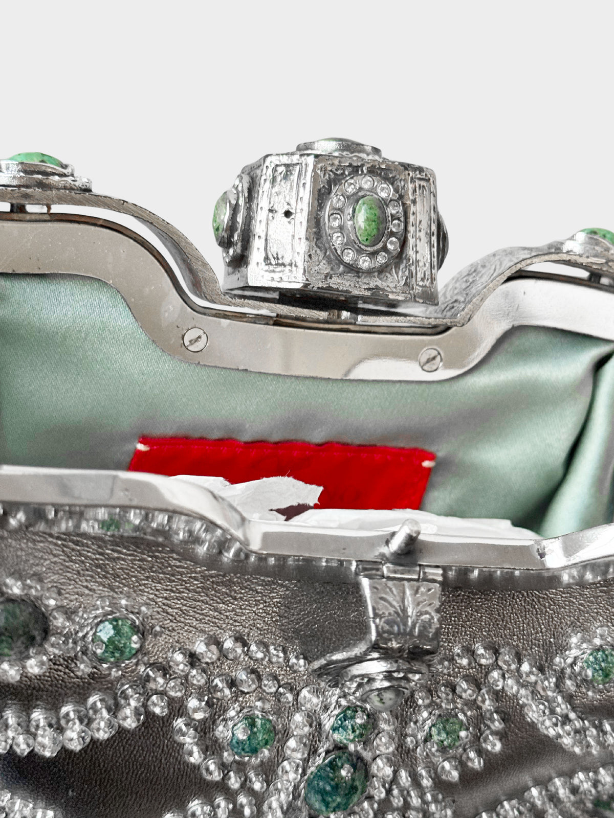 Valentino 1970s Runway  Metallic Silver Leather Jeweled Mini Evening Bag