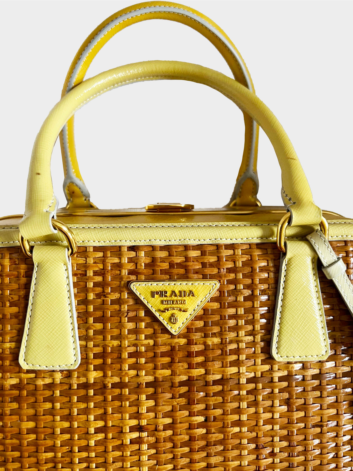 Prada 2000s Yellow Wicker Saffiano Pyramid Frame Tote