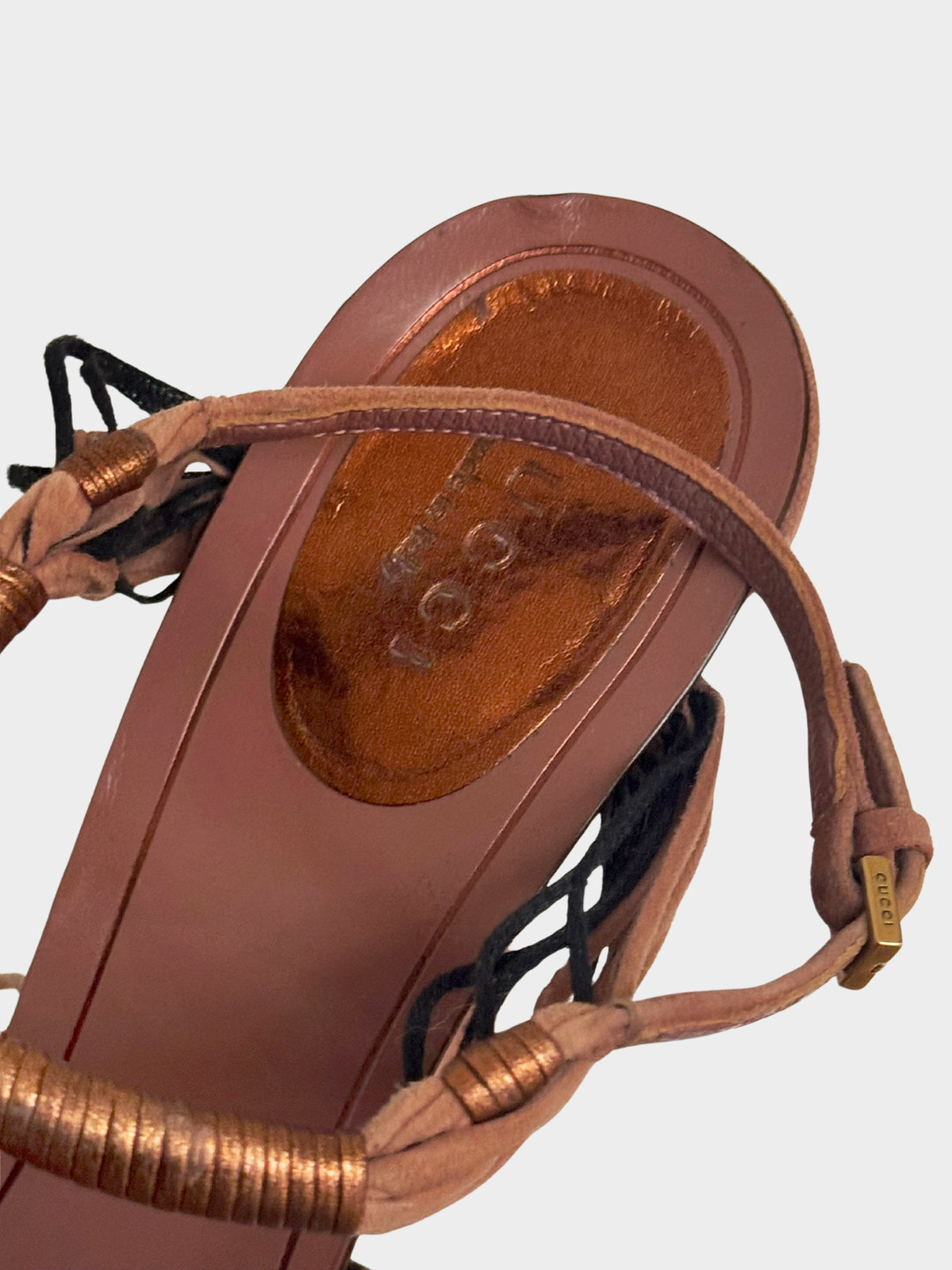 Gucci 2010s Pink and Metallic Bronze Suede Anita Strappy Heels