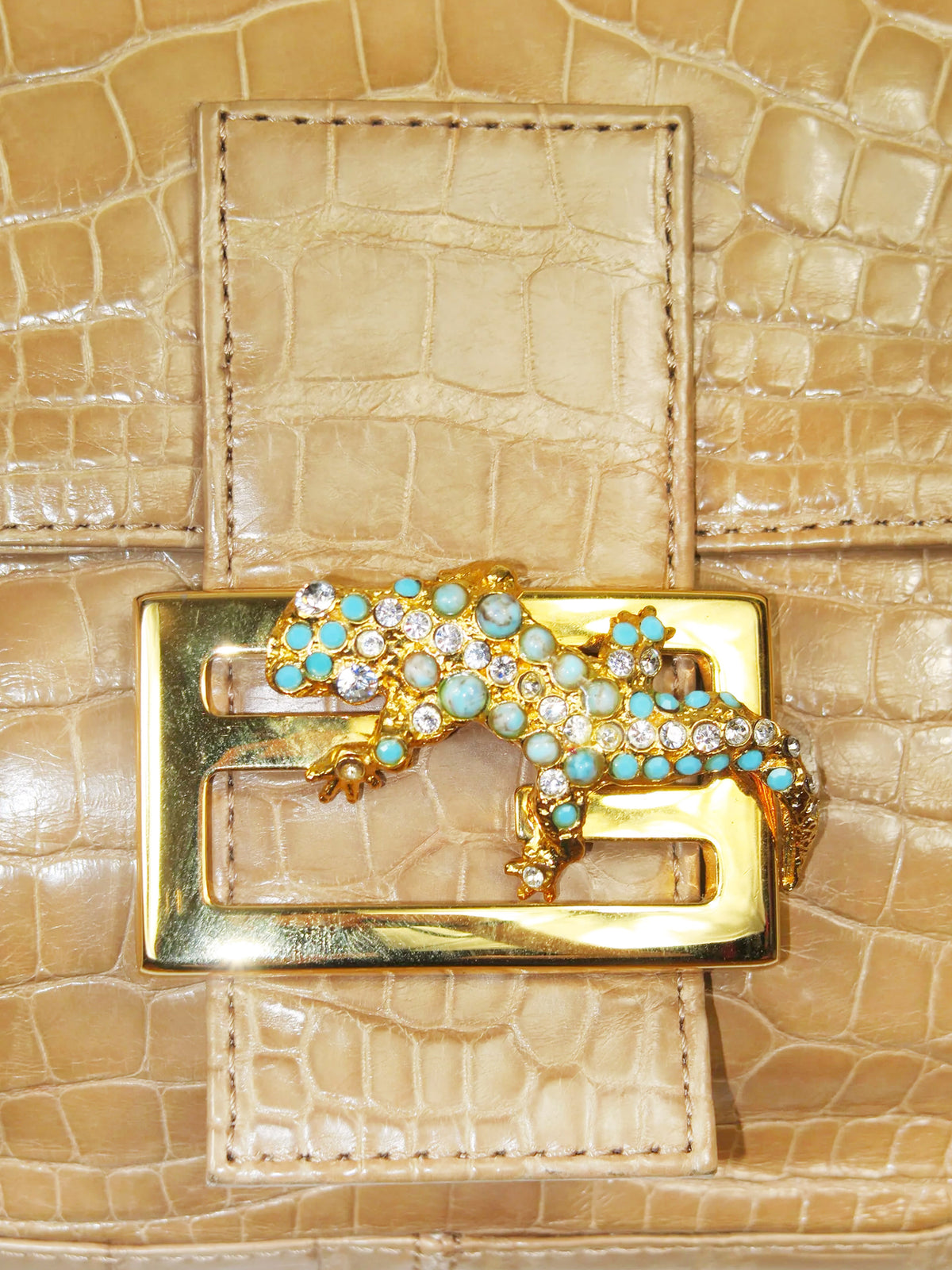 Fendi 2010s Beige Crocodile with Crystal Lizard Baguette