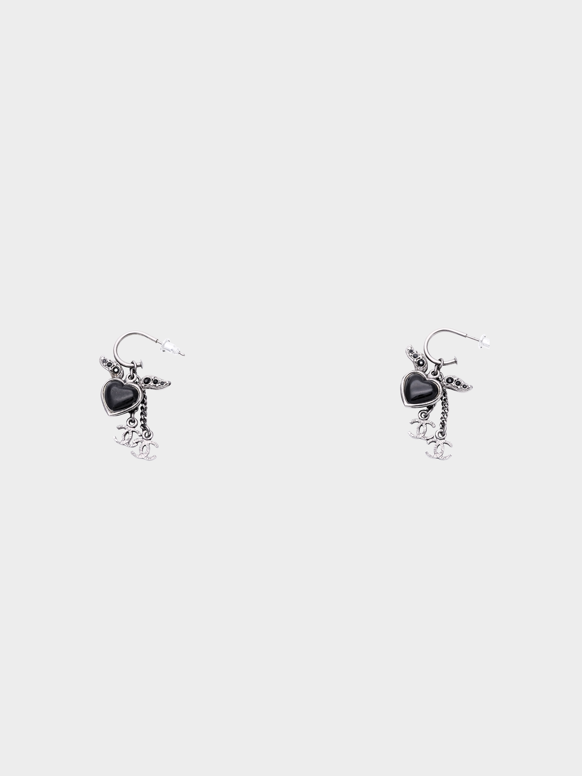 Chanel 2000s Silver Double CC Heart Wing Earrings
