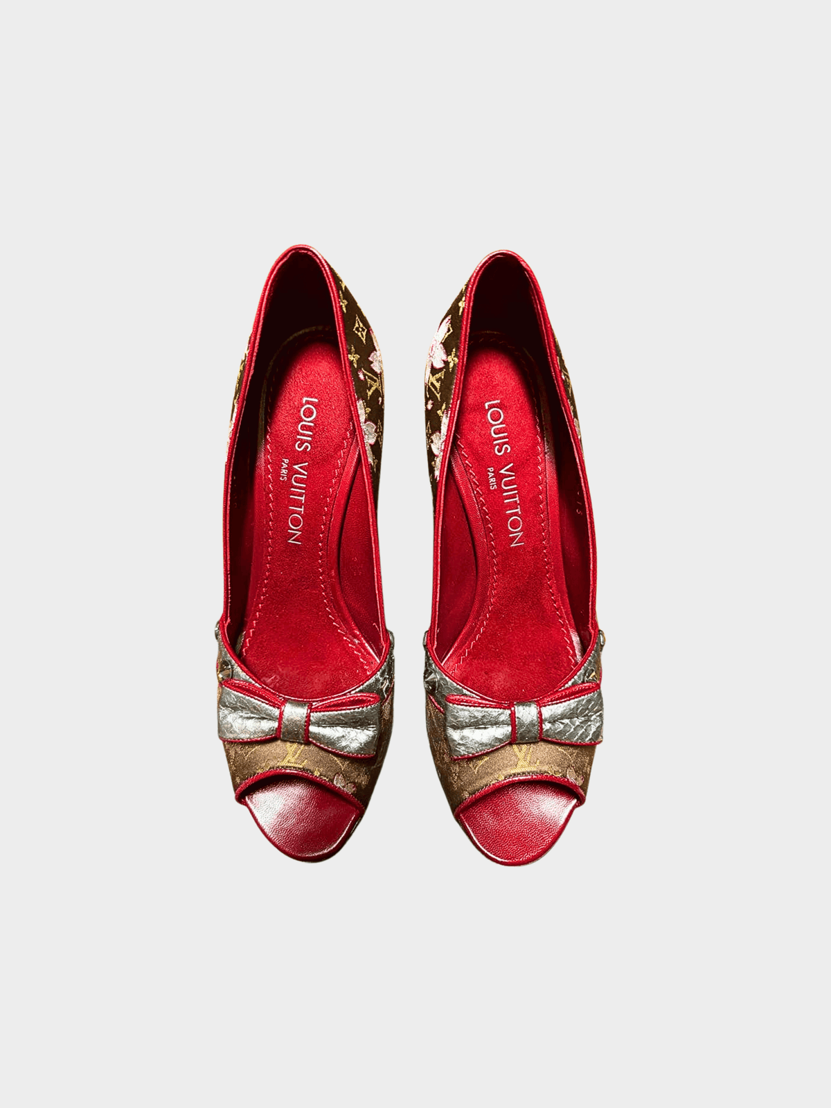 Louis Vuitton 2003 Brown Monogram Satin Cherry Blossom Peep Toe Pumps