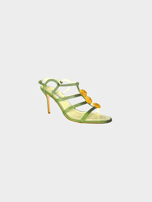 Manolo Blahnik 2000s Green Peony Sandal Heels