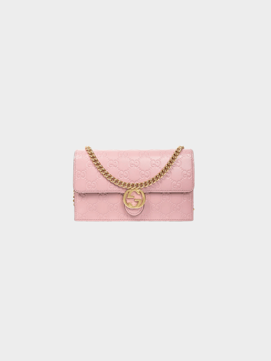 Gucci 2016 Pink Icon Camellia Guccissima Gucci Signature Chain Wallet