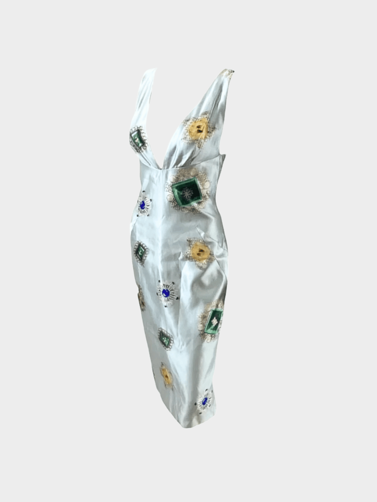 Roberto Cavalli FW 2002 Runway Light Blue Jewel Print Silk Dress