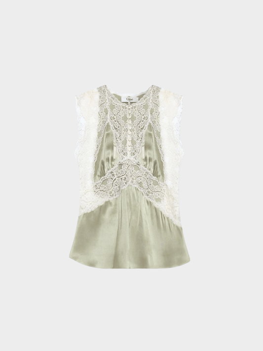 Chloe 2025 Pistachio Green Silk Top With Lace Inserts