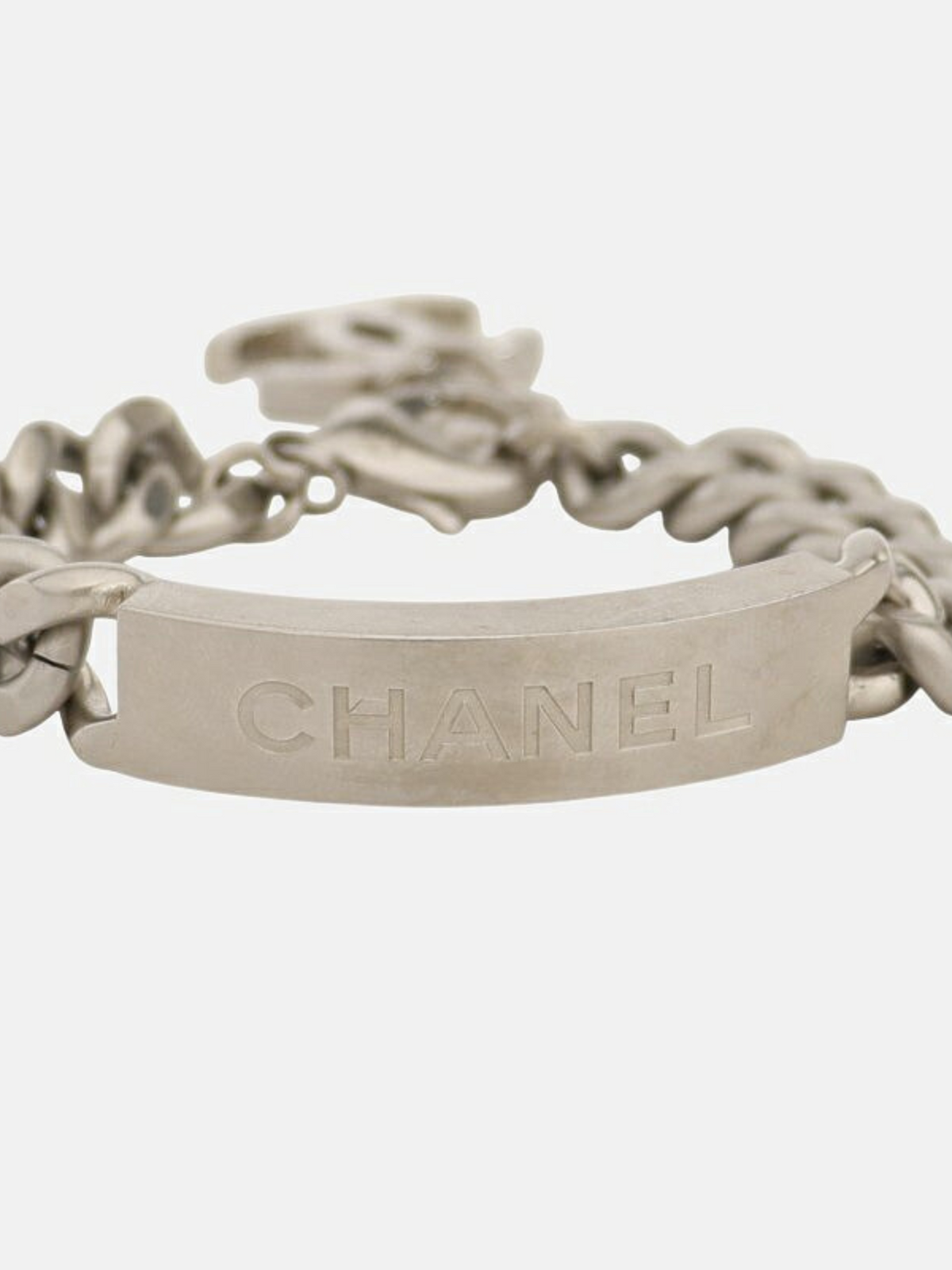 Chanel 2000s Silver Logo Plate Chain Bracelet