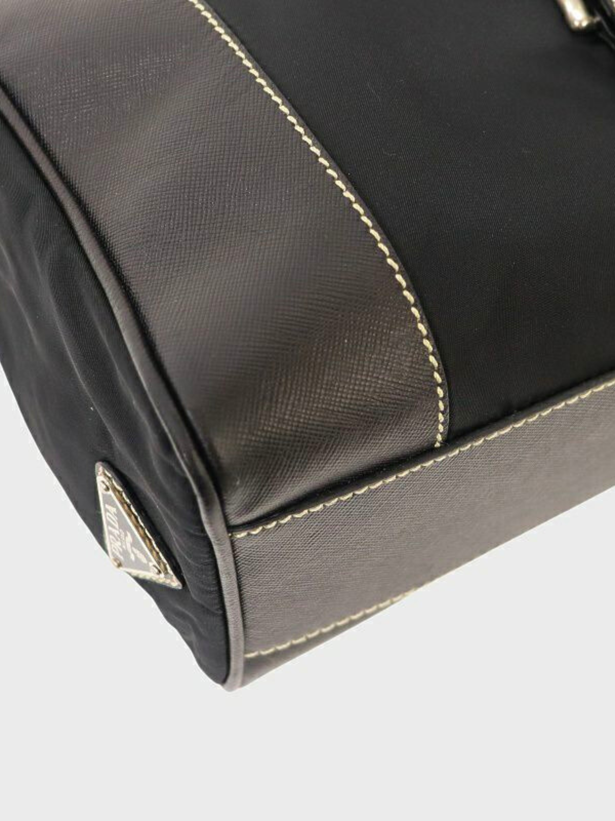 Prada 2000s Black Triangle Logo Nylon Stitch Leather Tote Bag