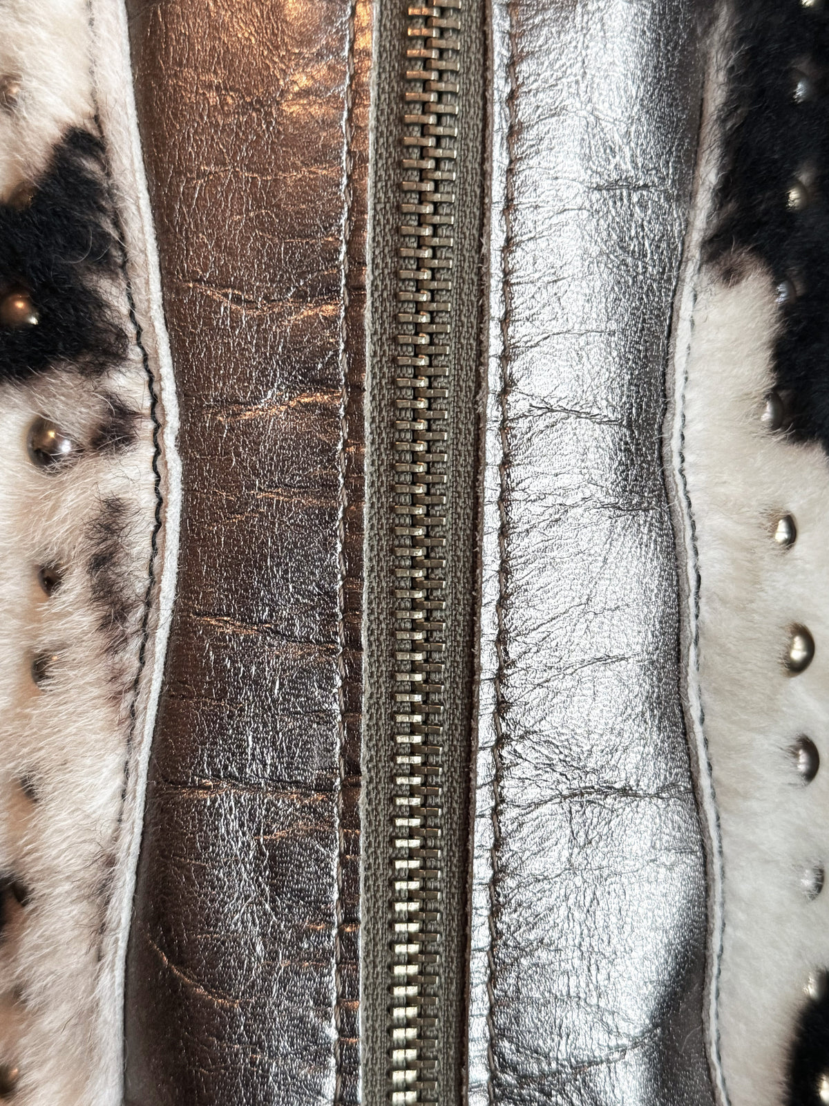 Dolce and Gabbana 2000s Metallic Leather Cow Print Faux Fur Bag