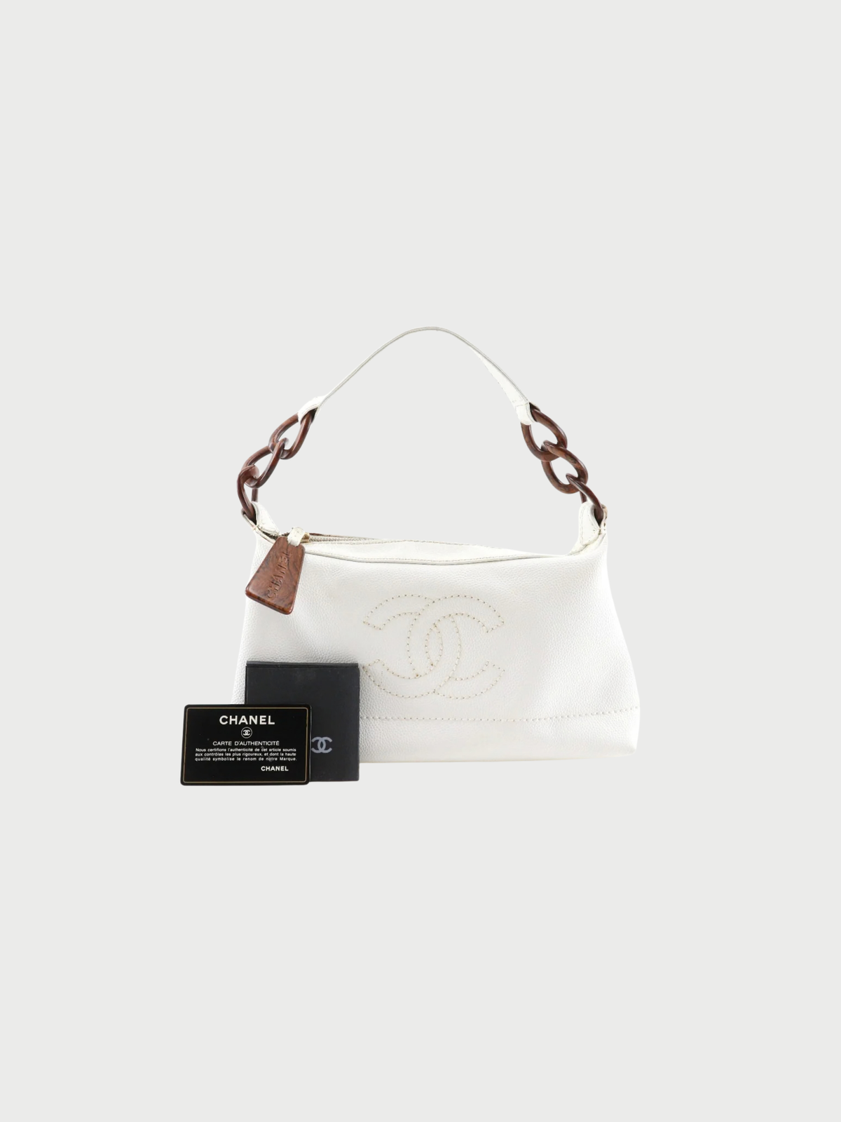 Chanel 2002 White Caviar Wood Chain Shoulder Bag