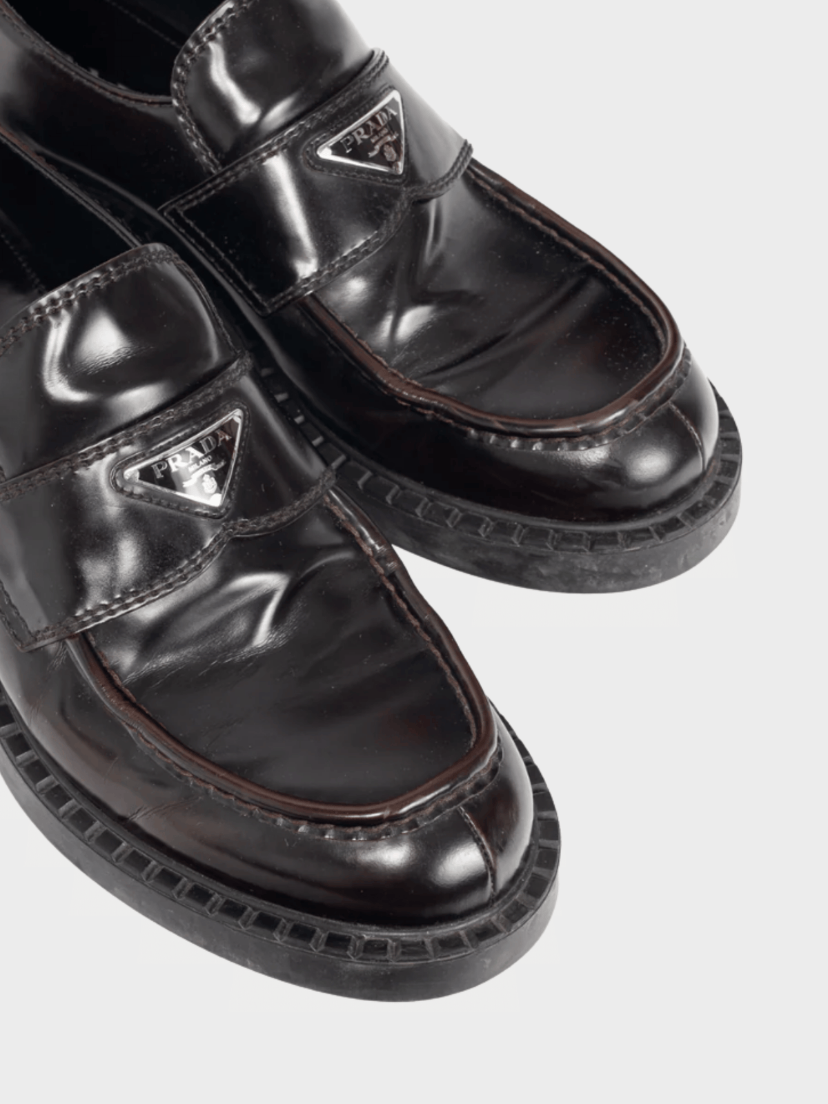 Prada 2010s Chocolate Logo-Plaque Leather Loafers