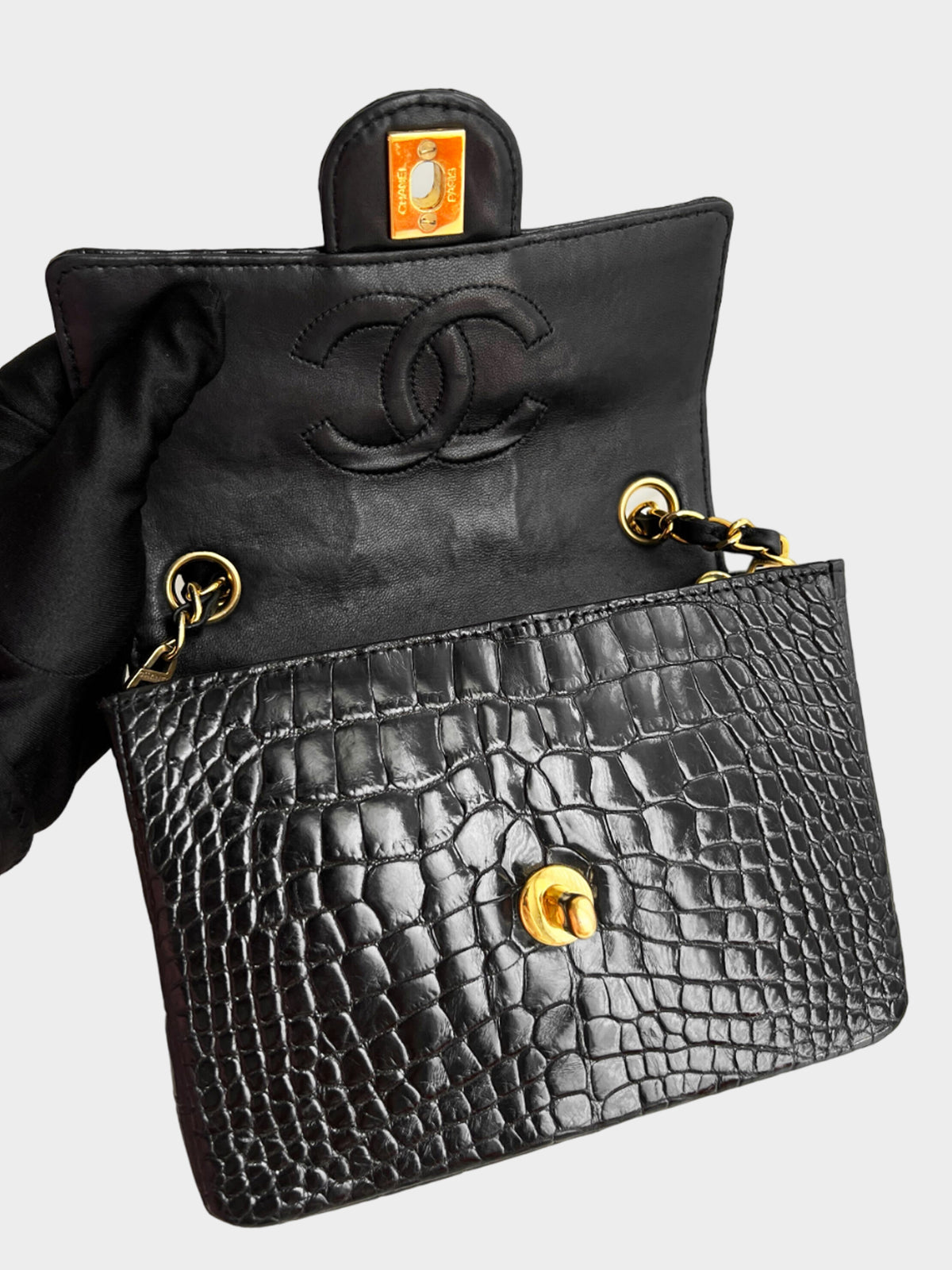 Chanel 1986-1988 Black Exotic Vintage Crocodile Mini Square Classic Flap Bag
