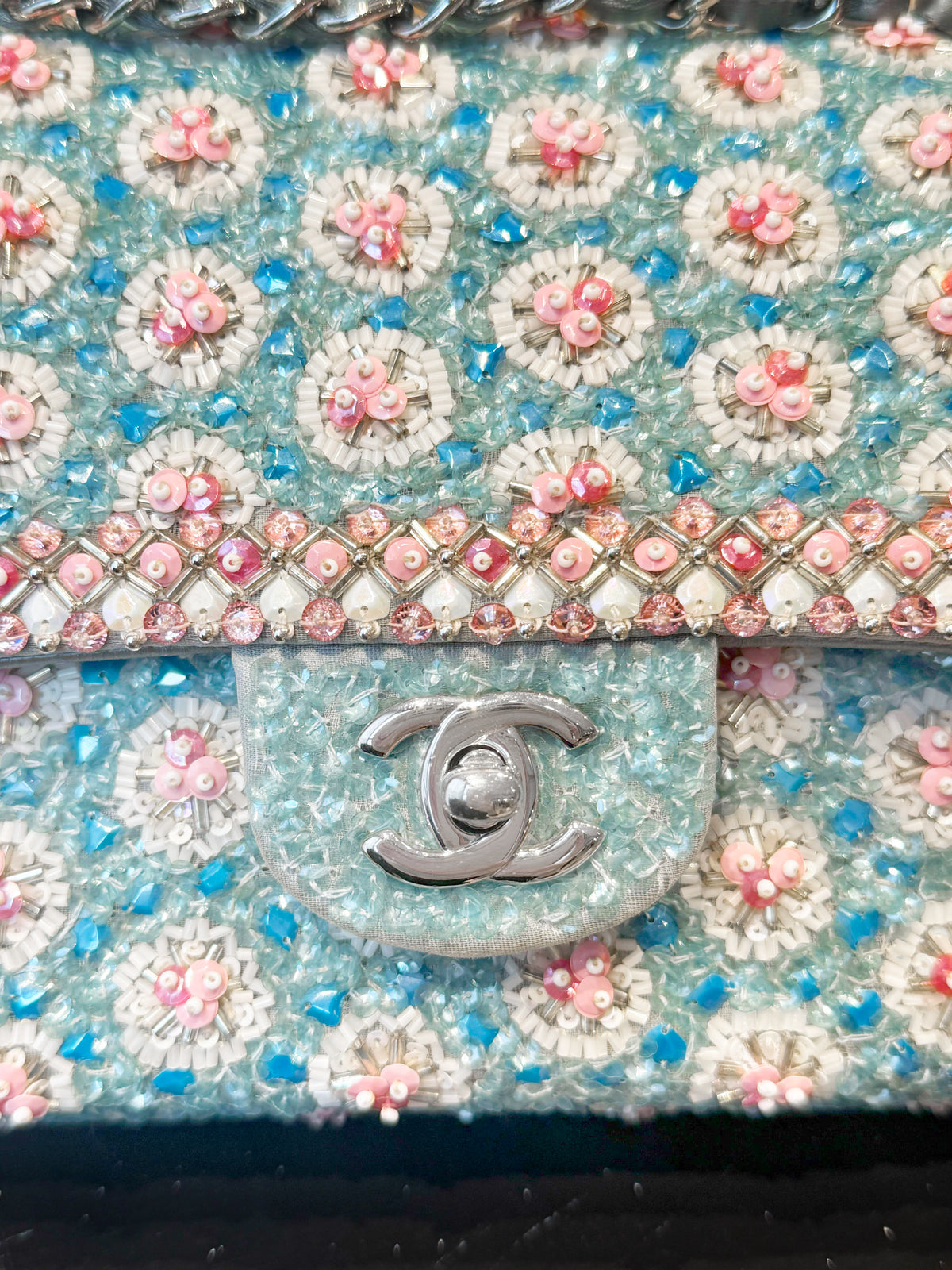 Chanel Cruise 2014 Blue Floral Beads and Sequins Double Flap Bag