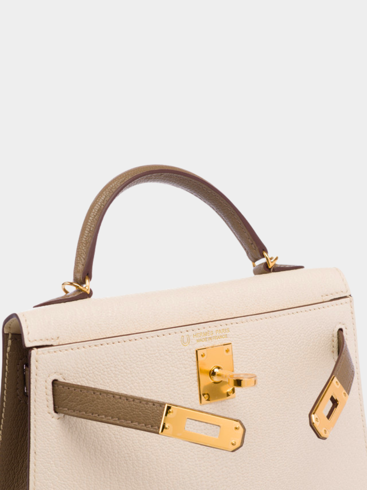 Hermès 2020s Beige and Gray Chèvre Mysore Mini Kelly 20 Sellier Bag