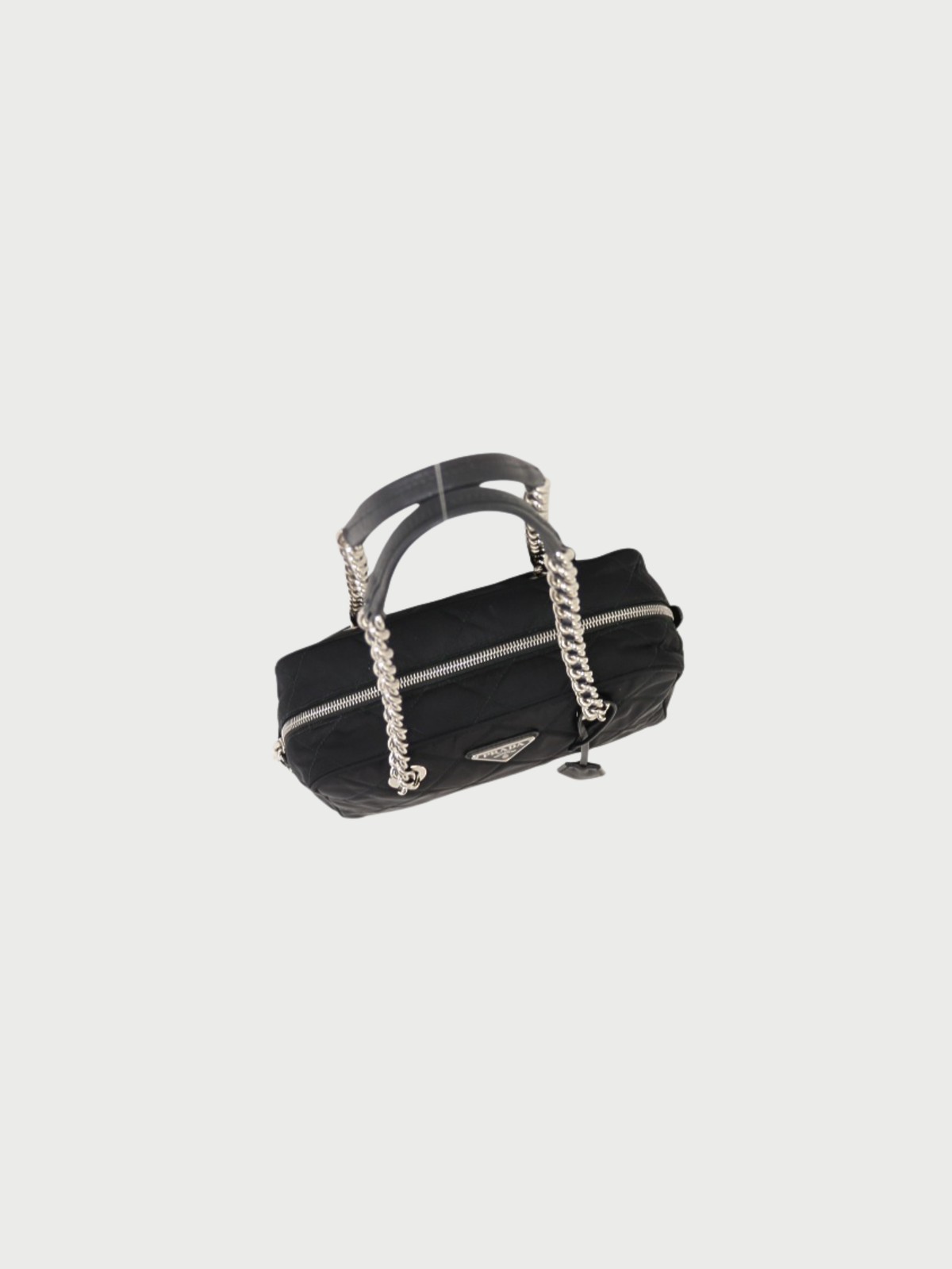 Prada 2000s Black Quilted Nylon Leather Triangle Logo Chain Tote Bag
