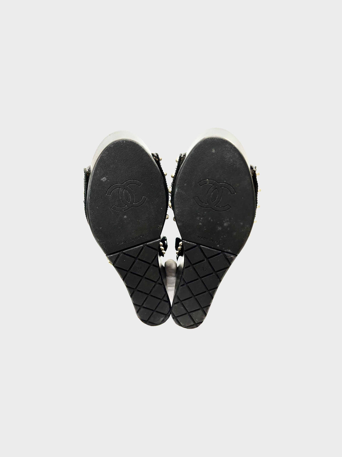 Chanel Cruise 2016 Black Patent Leather and Sequins Lotus Wedge Sandals