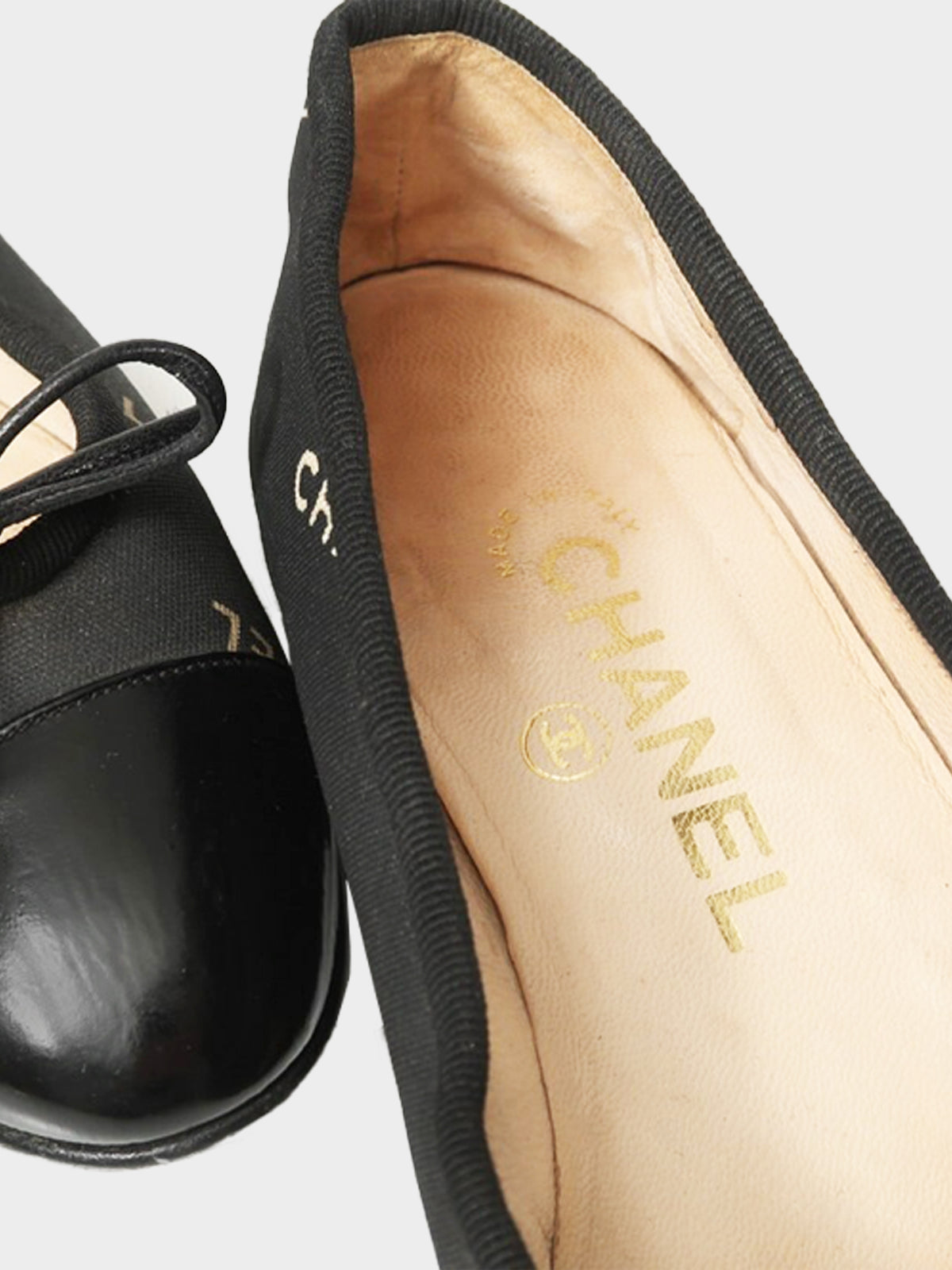 Chanel 2000s Black Canvas and Leather Logo Print Ballet Flats