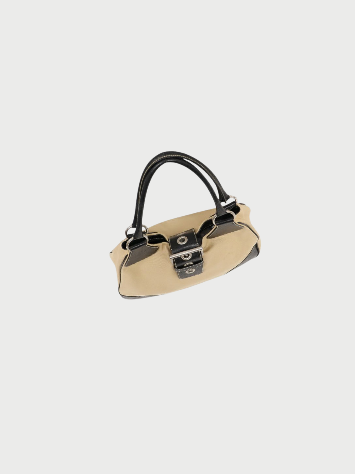 Prada 2000s Beige Black Triangle Logo Canvas Leather Handbag