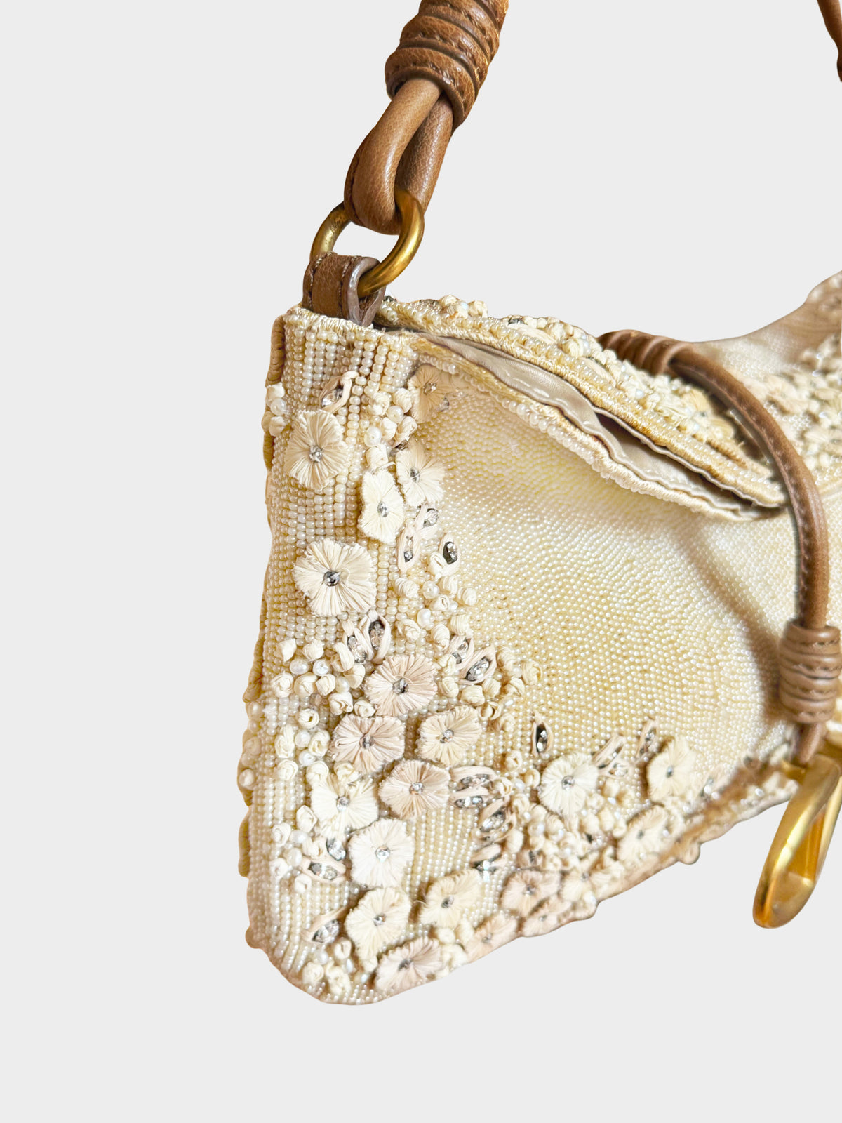 Valentino 2000s Beige Floral Beaded and Embroidered Satin Evening Shoulder Bag