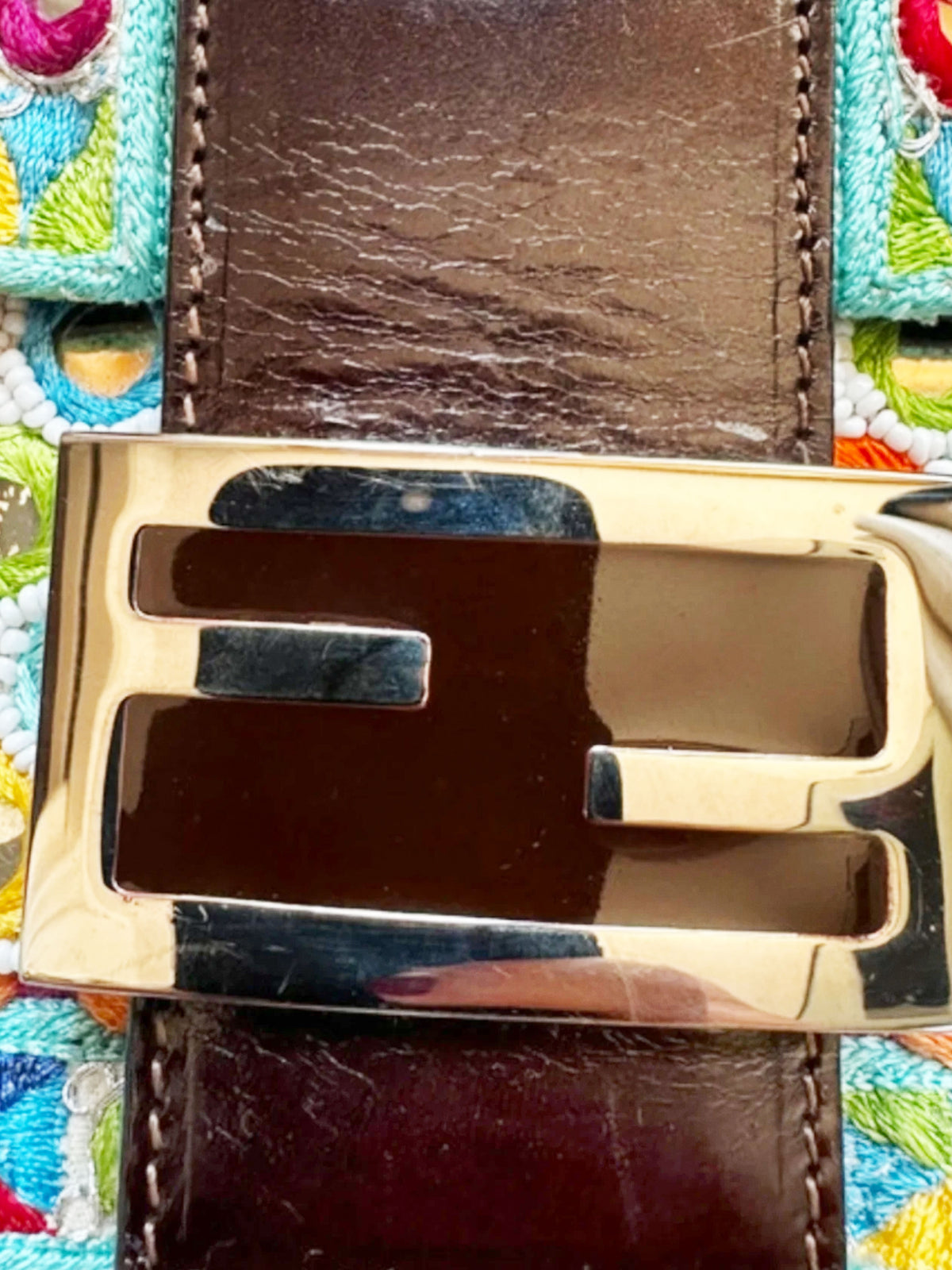 Fendi 1997 Rare Multicolor Specchietti Mirror and Pearl Embroidery Baguette Bag
