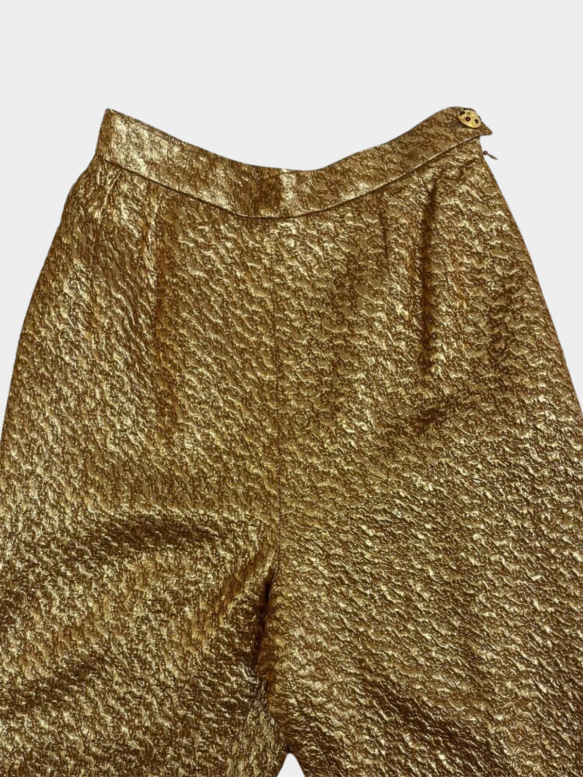 Chanel 1996 Gold Crinkled Silk Gripoix Button Top & Pants Set