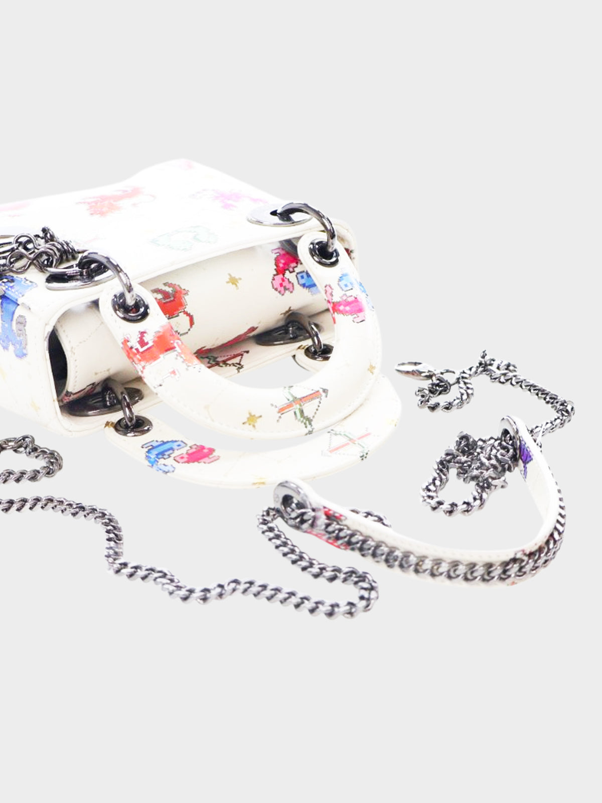 Christian Dior 2022 White and Multicolor Zodiac Pixel Print Mini Lady Dior 2-Way Hand Bag