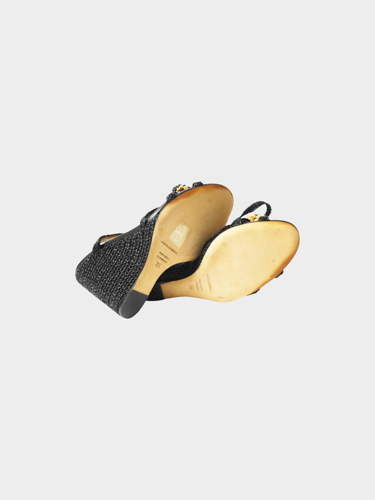 Dolce and Gabbana 2010s Black and Beige Raffia Flower Wedge Sandals