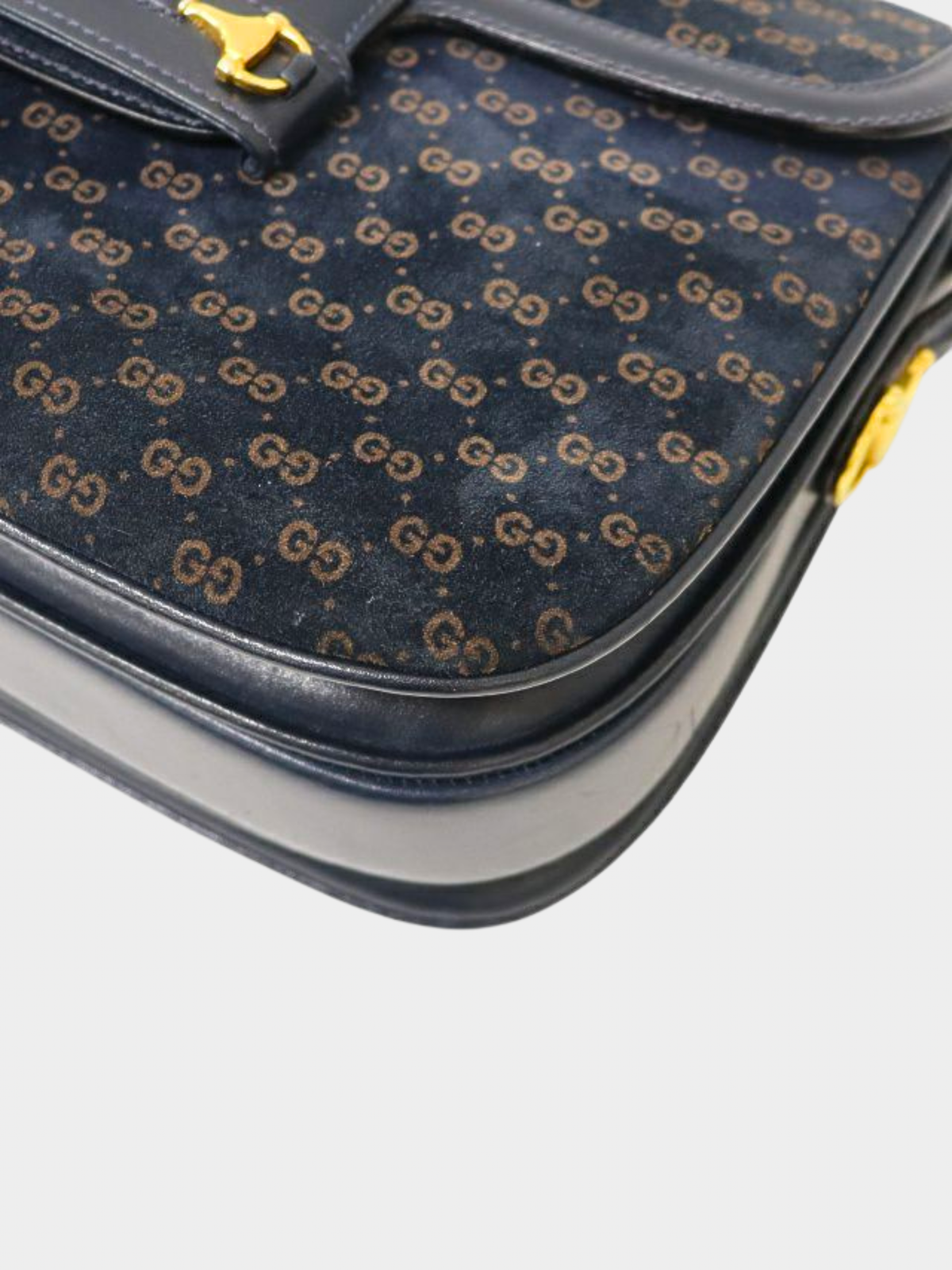 Gucci 2000s Brown Navy Horsebit Micro GG Leather Shoulder Bag