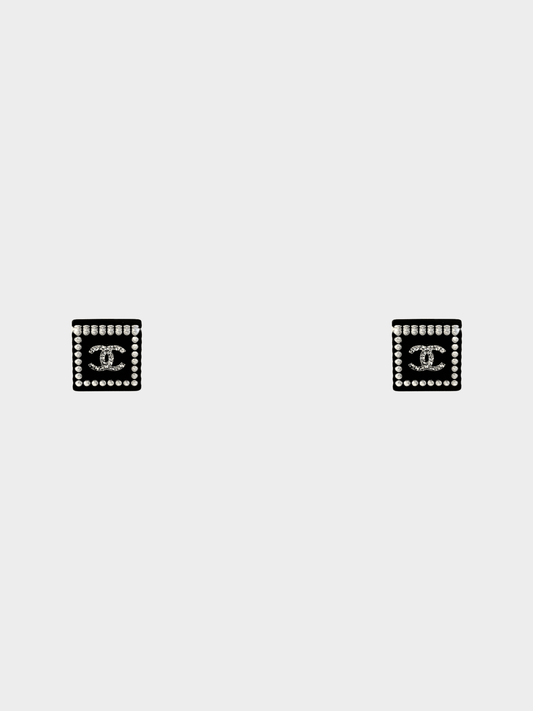 Chanel 2015 Black Coco Square Rhinestone Earrings