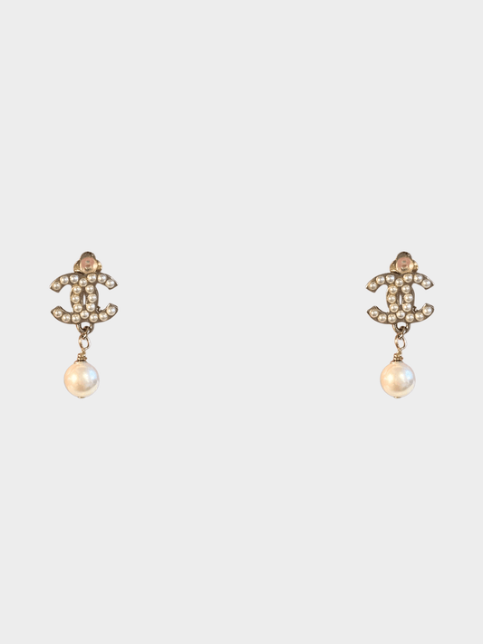 Chanel 2000s Gold Plated Metal Pearl CC Logo Earrings