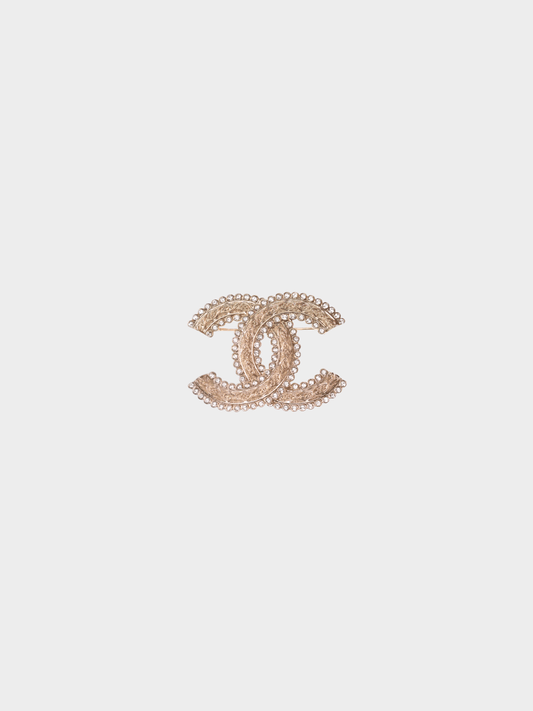 Chanel 2000s Gold Metal Rhinestone CC Brooch