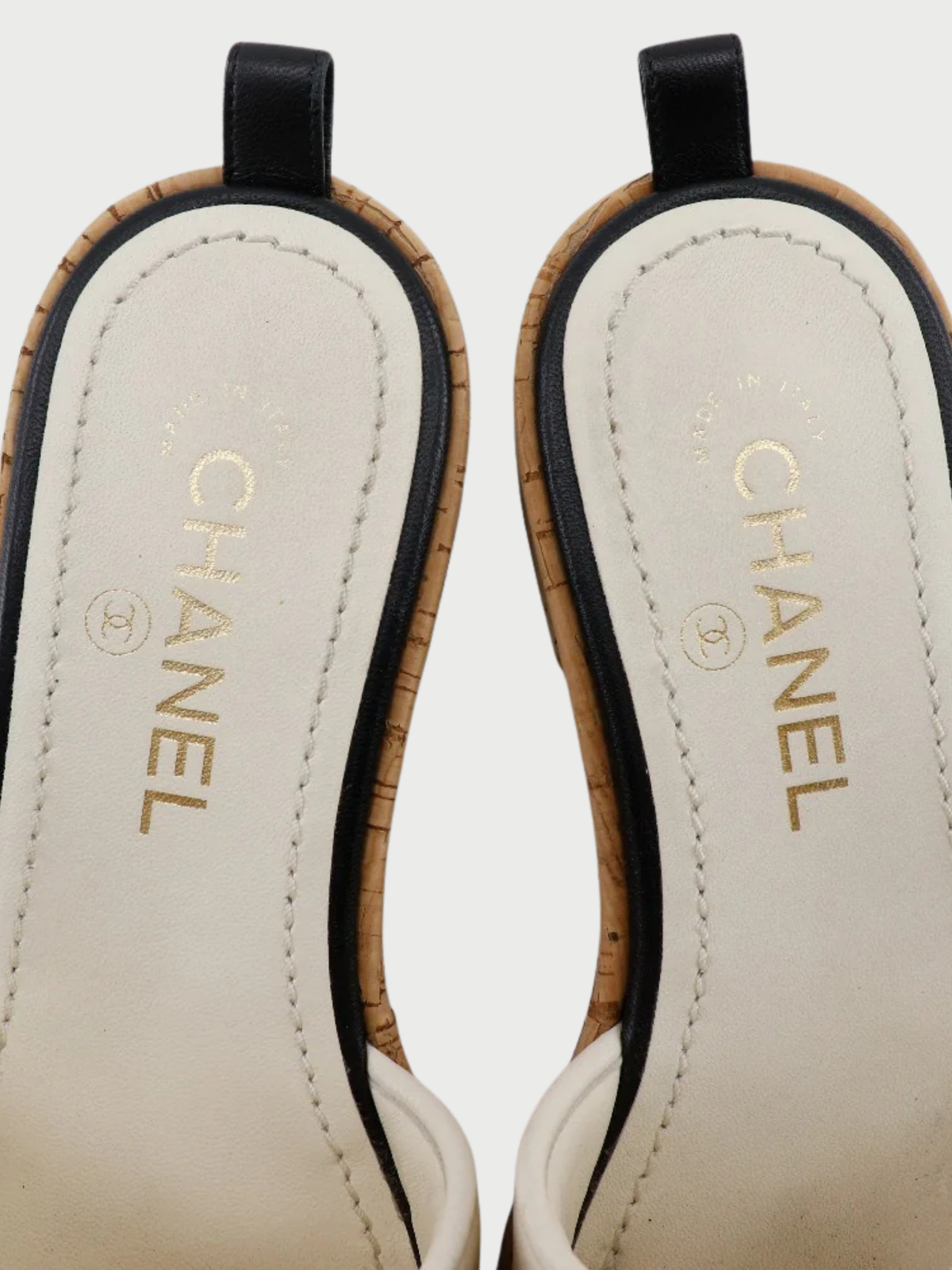 Chanel 2000s White Black Leather Cork Logo Mules