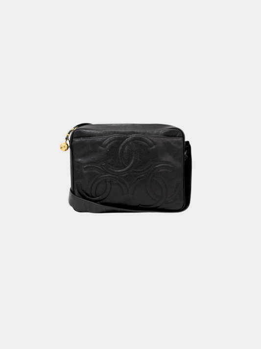 Chanel 1995–1996 Black Caviar Leather Triple COCO Shoulder Bag