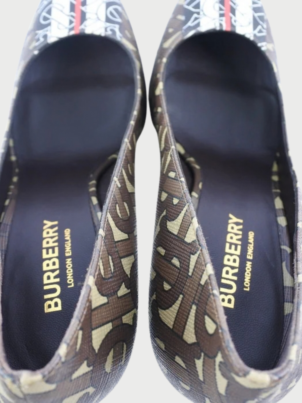 Burberry 2020s Brown Monogram PVC Calfskin Leather Stiletto Pumps