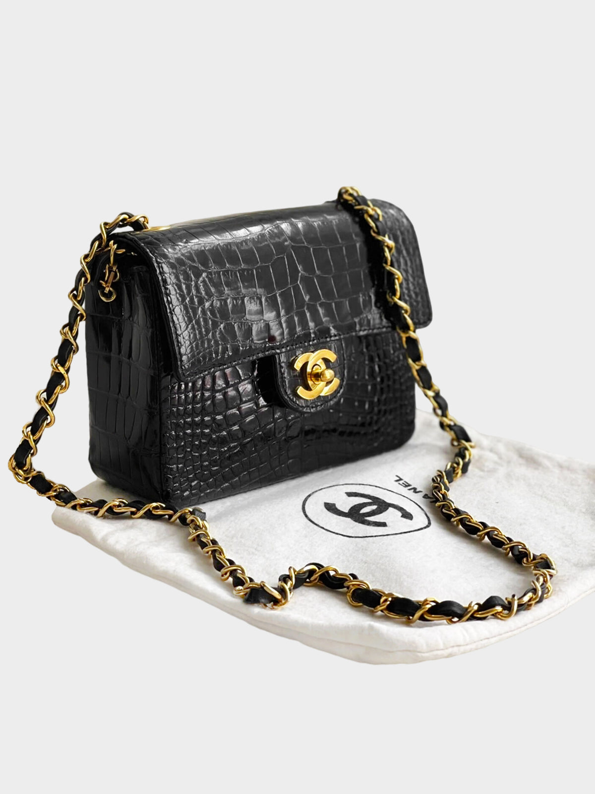 Chanel 1986-1988 Black Exotic Vintage Crocodile Mini Square Classic Flap Bag