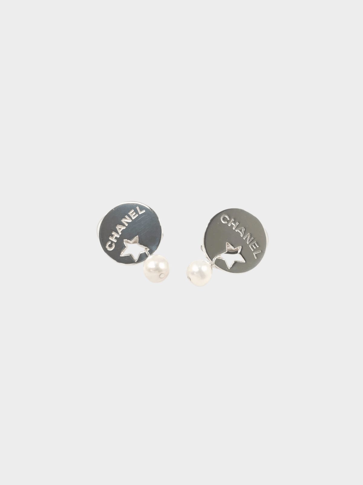 Chanel 2000s Silver Round Plate Logo Star Earrings