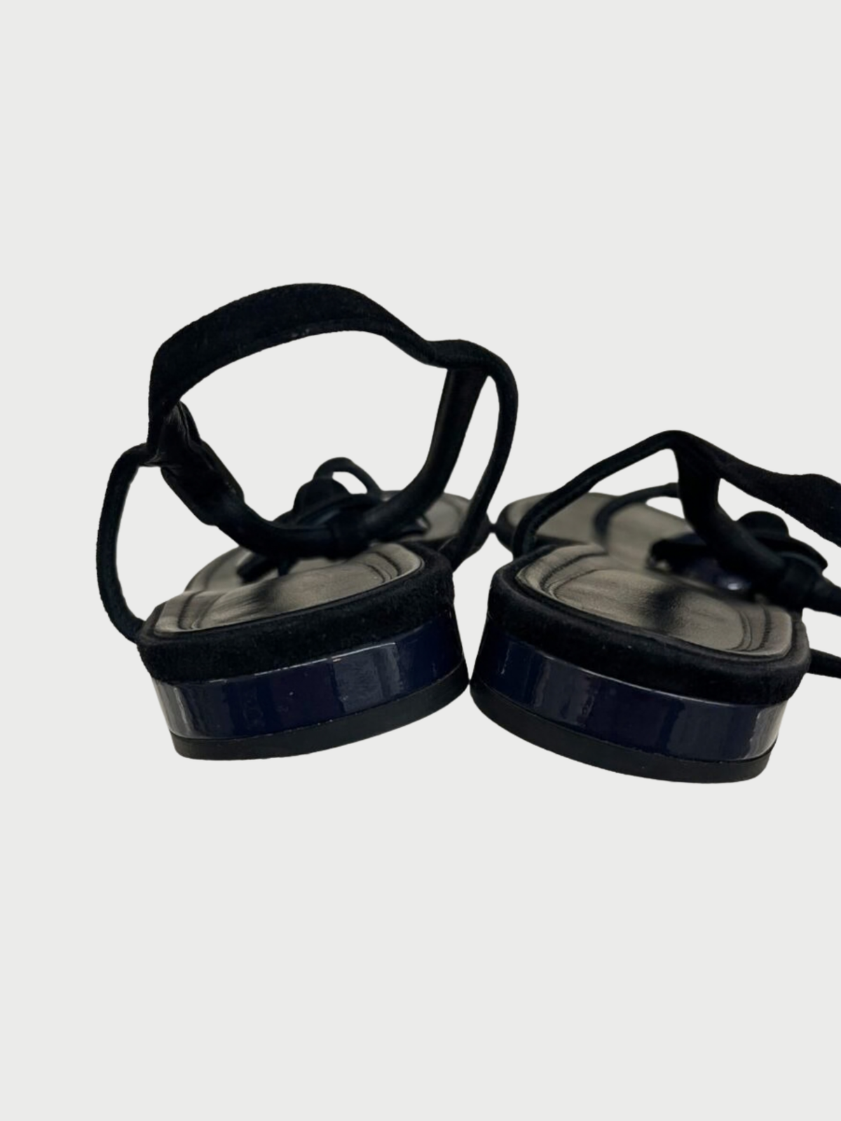 Chanel 2016 Black Suede Navy Patent Leather Camellia Thong Sandals